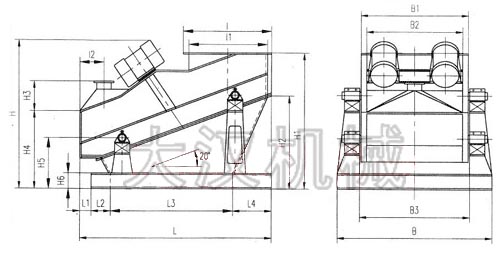 ZSG礦用振動篩外形示意圖：B為礦用振動篩寬度，L為礦用振動篩長度。H為礦用振動篩高度等。