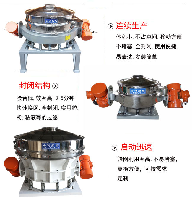 直徑1000mm直排篩特點：連續生產：體積小，不占空間，移動方便，不堵塞，全封閉，使用便捷，易清洗，安裝簡單。封閉結構：噪音低，效率高，3-5分鐘，快速換網，全封閉，實用粒，粉粘液等的過濾。啟動迅速：篩網利用率高，不易堵塞，更換方便，可按需求定制。